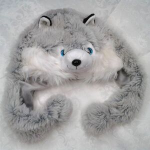 Puzzled DolliBu Kids Winter Wolf Husky Sled Dog Hat Gray White Plush